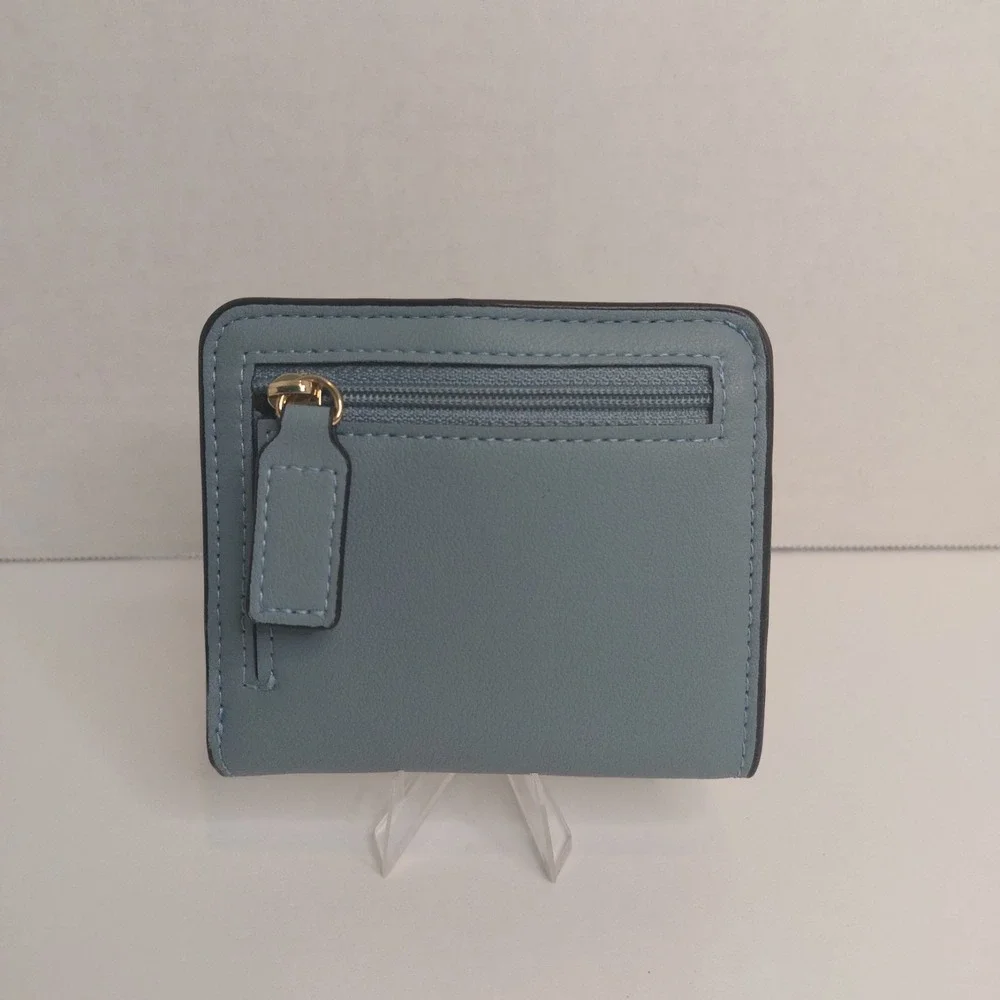 Toughergun Womens RFID Blocking Compact Wallet Blue Faux Leather Zip